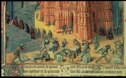 Fr 847, f.153: The Building of the Temple of Jerusalem, detail showing masons at work, illustration from 